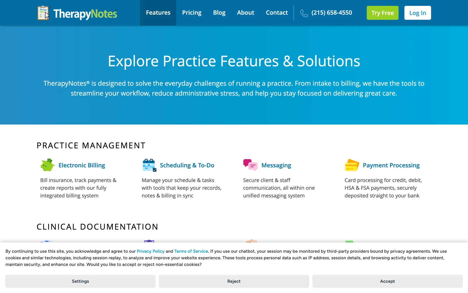 TherapyNotes features page captured May 2026